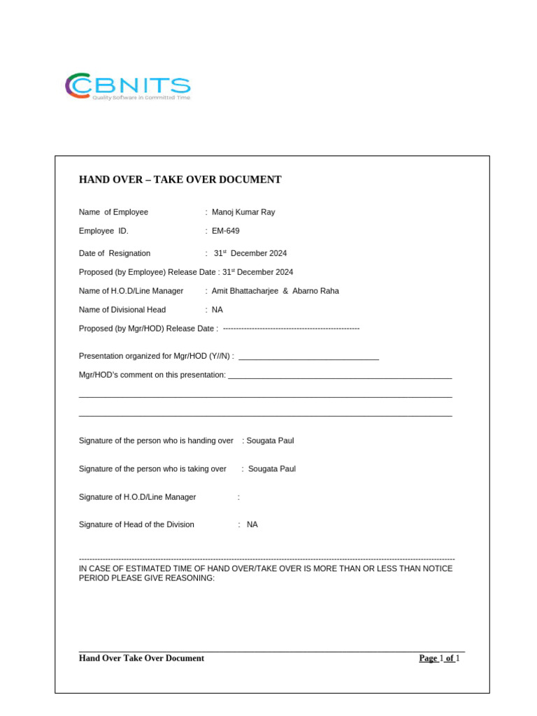 Employee Handover-Takeover Form | PDF