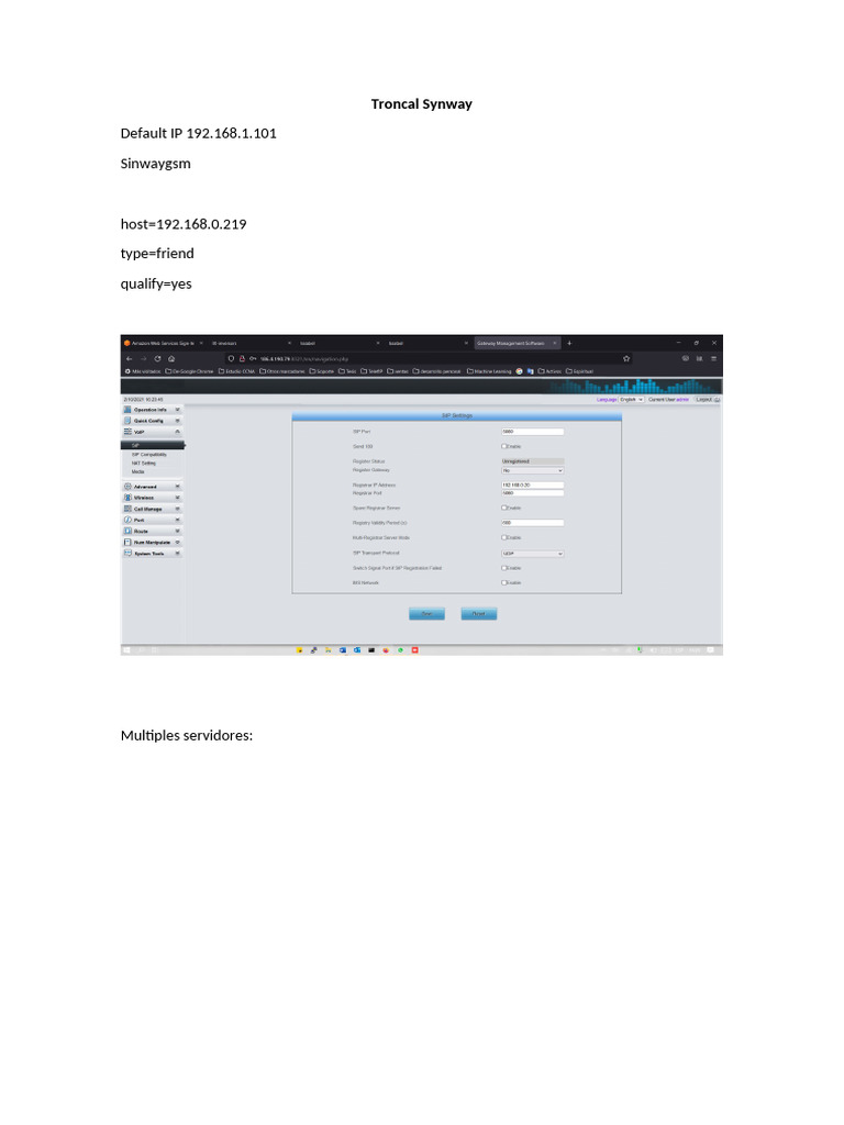 Configuración Troncal Synway y Servidores | PDF