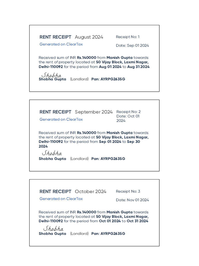Rent Receipts for Vijay Block Property | PDF