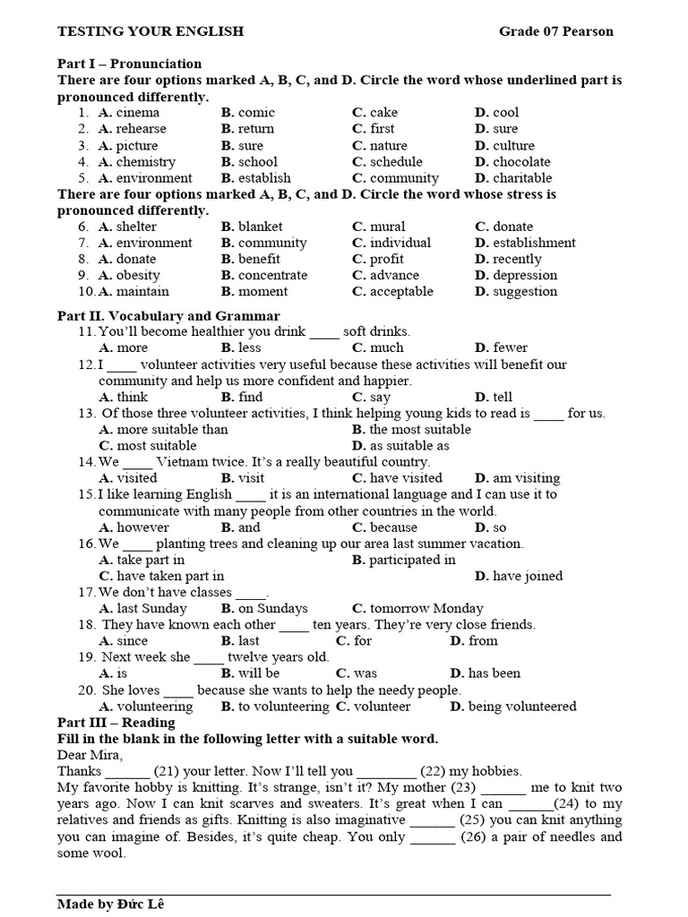 Grade 7 English Pronunciation & Grammar Test | PDF | Knitting | Linguistics