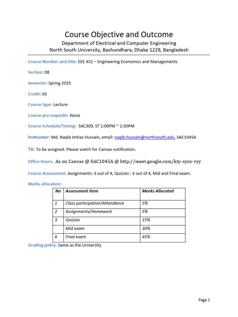 EEE 452 Course Outline: Engineering Economics | PDF | Engineering ...