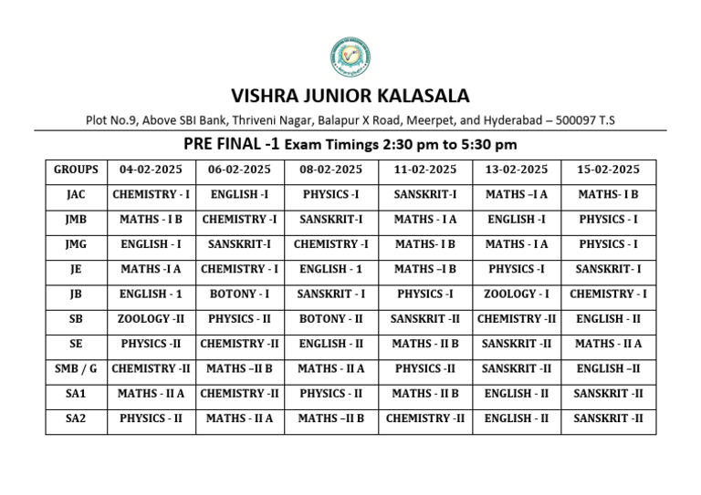VISHRA Junior Kalasala Exam Schedule | PDF