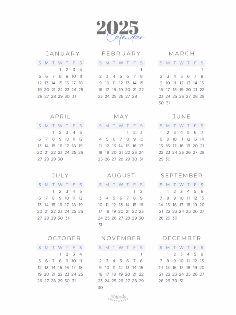 Printable Calendar 2025 Minimalist 1 No Holidays | PDF
