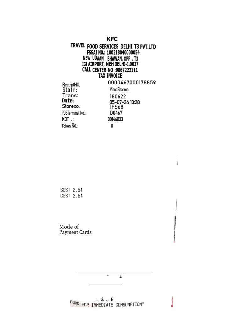 KFC Invoice from Travel Food Services | PDF