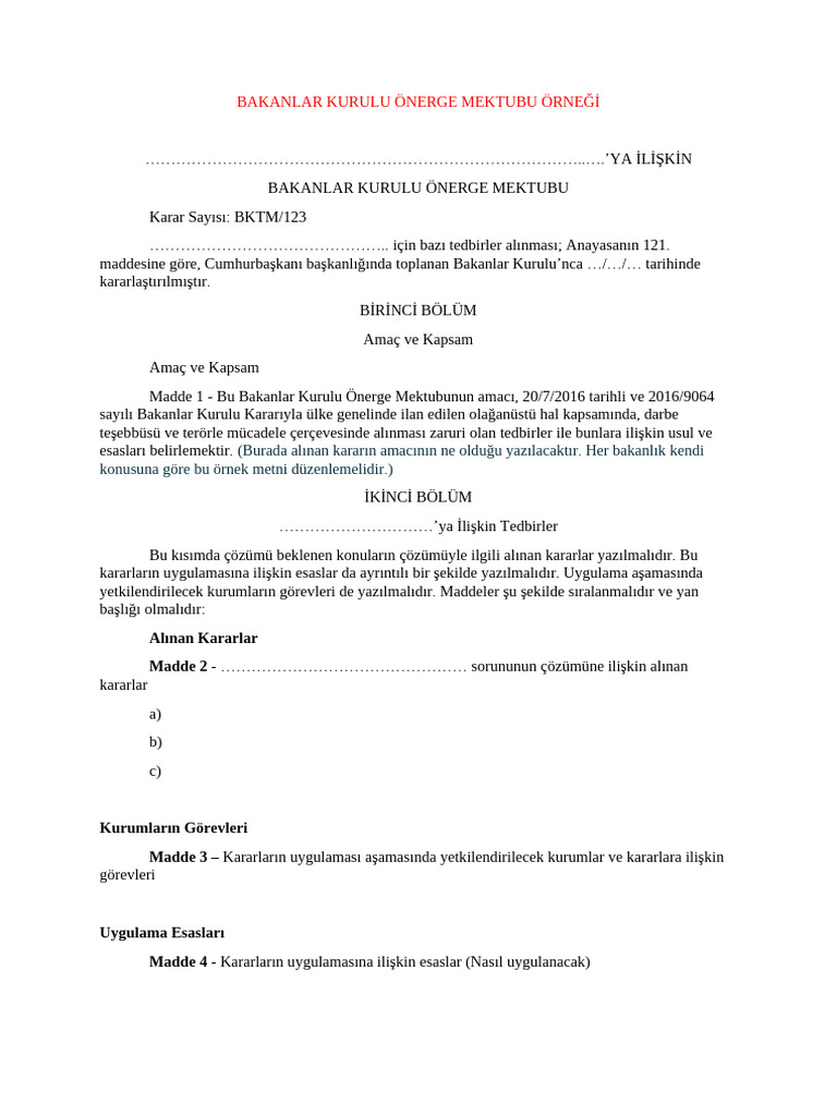 Bakanlar Kurulu Önerge Mektubu Örneği̇ | PDF