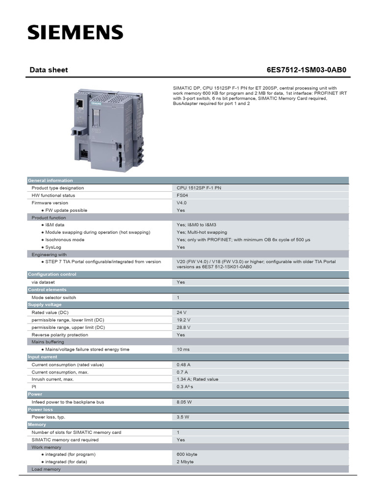 Siemens CPU 1512SP F-1 PN Data Sheet | PDF | Networking Standards ...