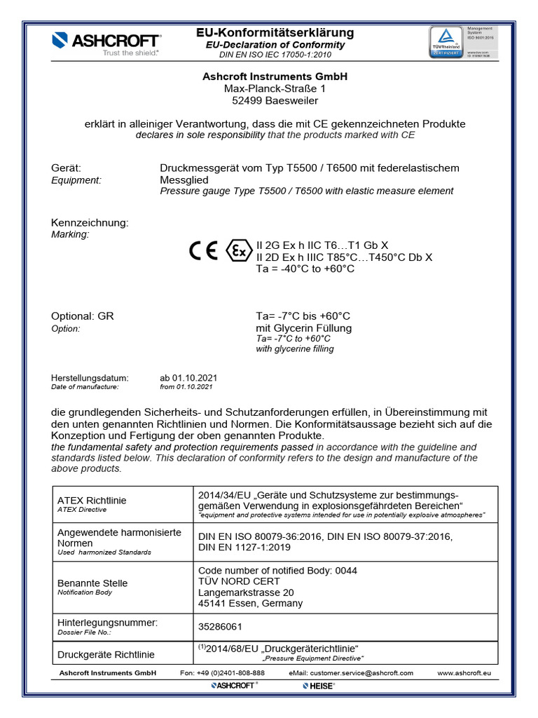 Ashcroft Instruments GMBH - ATEX EU Declaration of Conformity ...