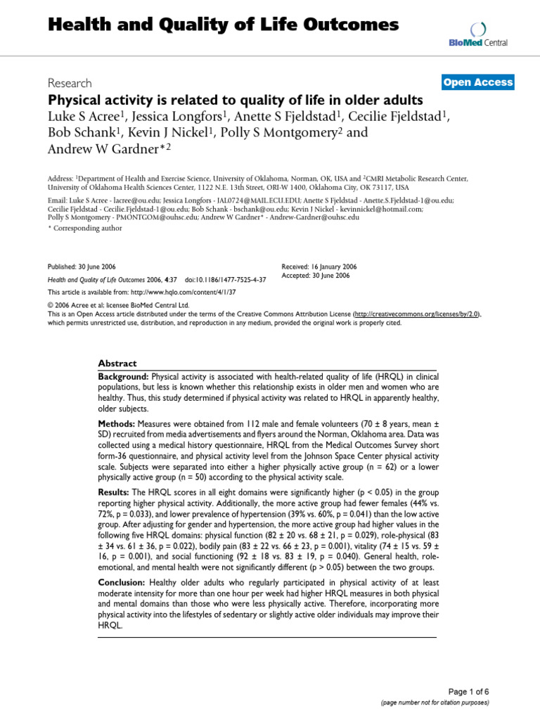 Physical Activity Is Related To Quality of Life in Older Adults, HQLO ...
