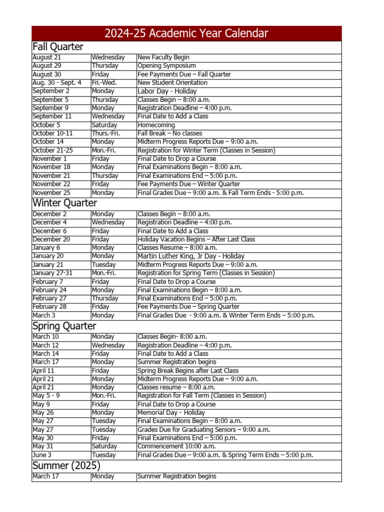 2024-25 Academic Year Calendar | PDF | Academic Term | Holidays