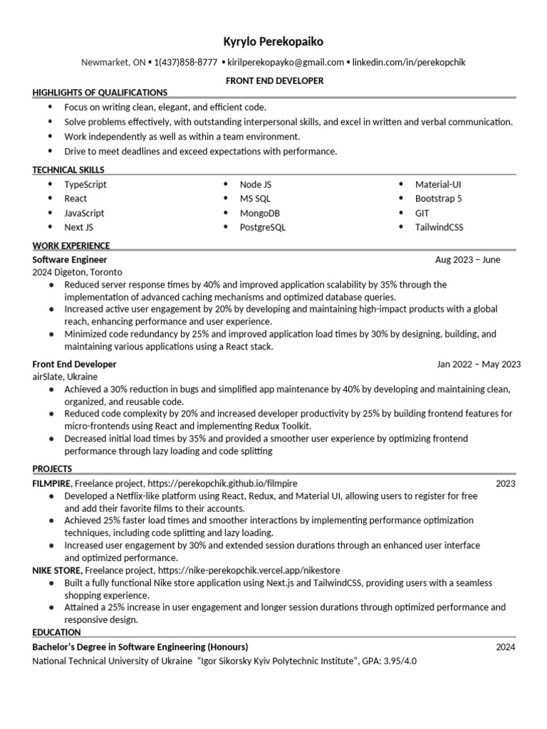 Front End Developer Resume - Kyrylo Perekopaiko | PDF | Computing ...