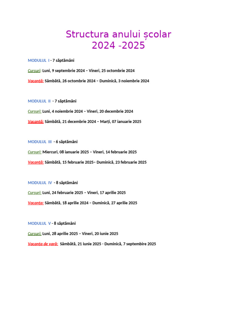 Structura An Scolar 2024 2025 | PDF