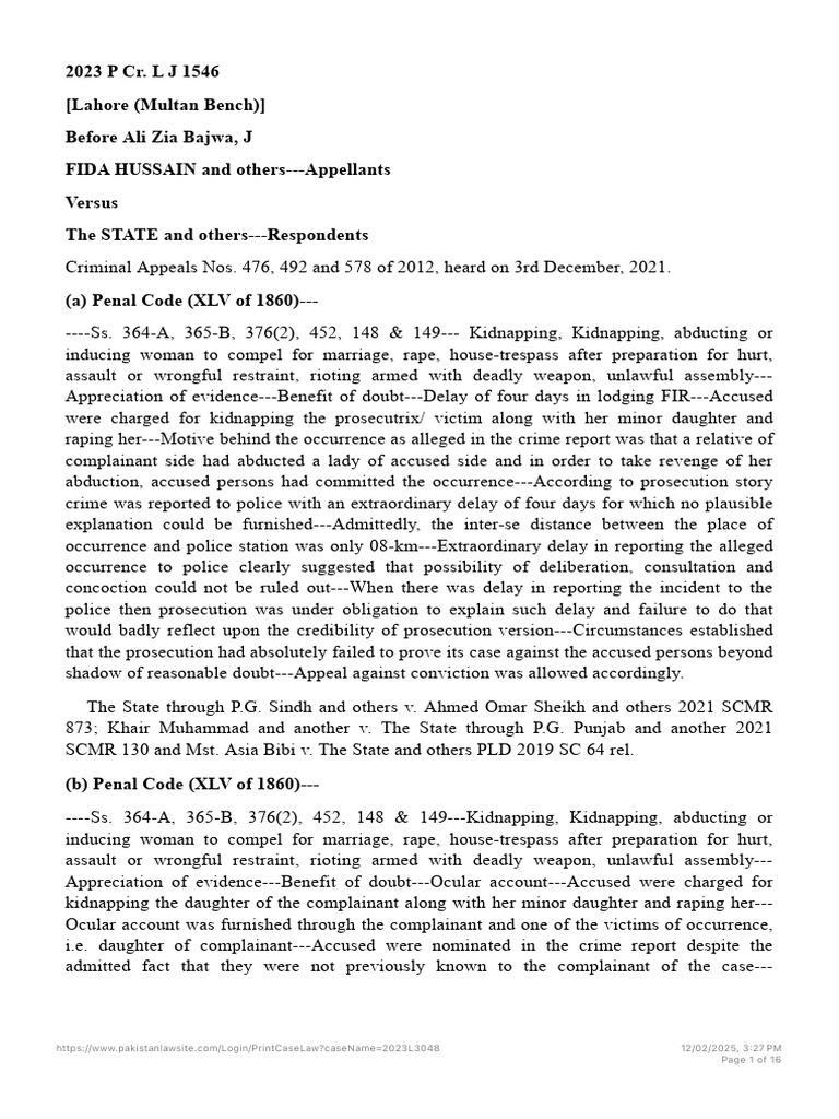 2023 Lahore Criminal Appeal Ruling | PDF | Prosecutor | Kidnapping