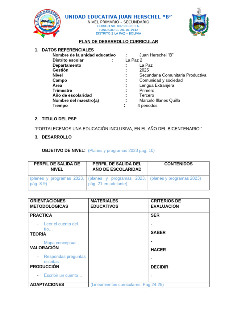 Plan de Desarrollo Curricular 2025 | PDF | Aprendizaje