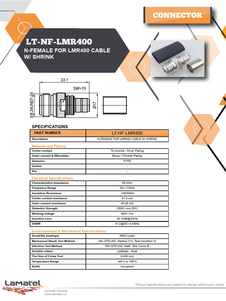 N-Female Connector Specs for LMR400 Cable | PDF