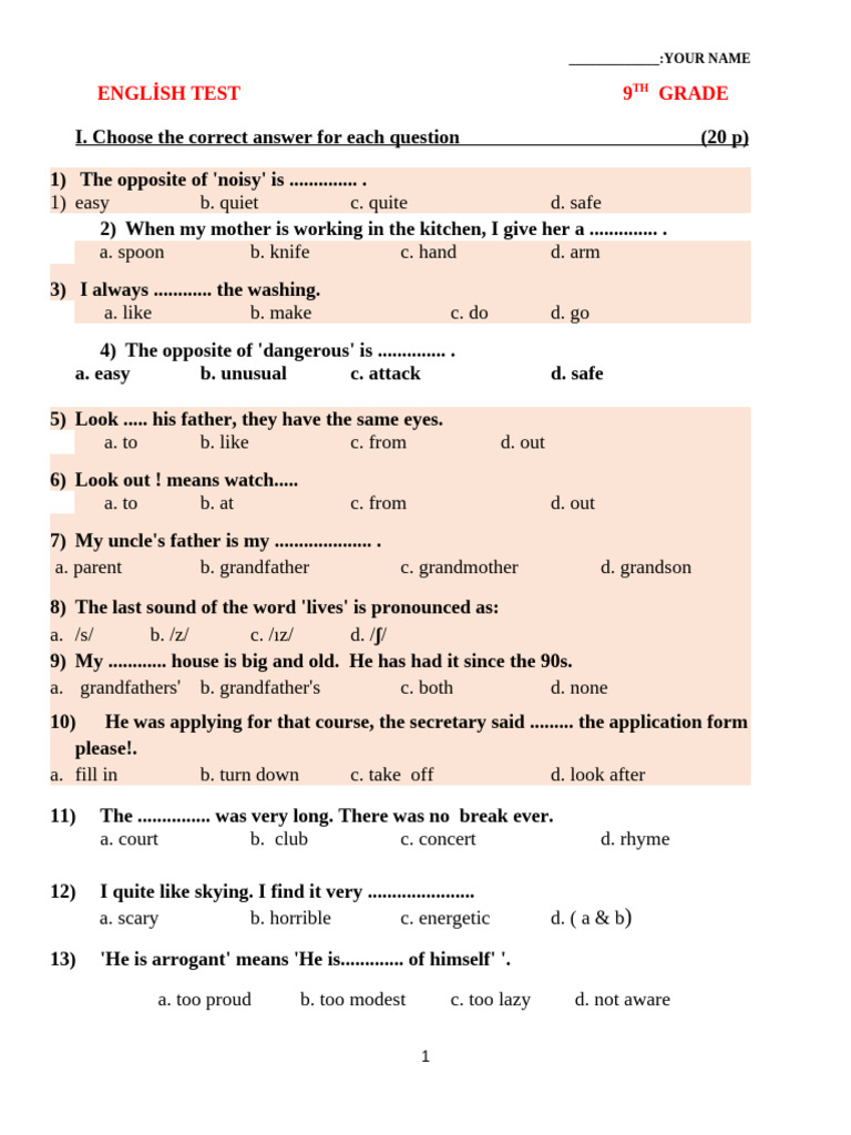 9th Grade English Test Questions | PDF