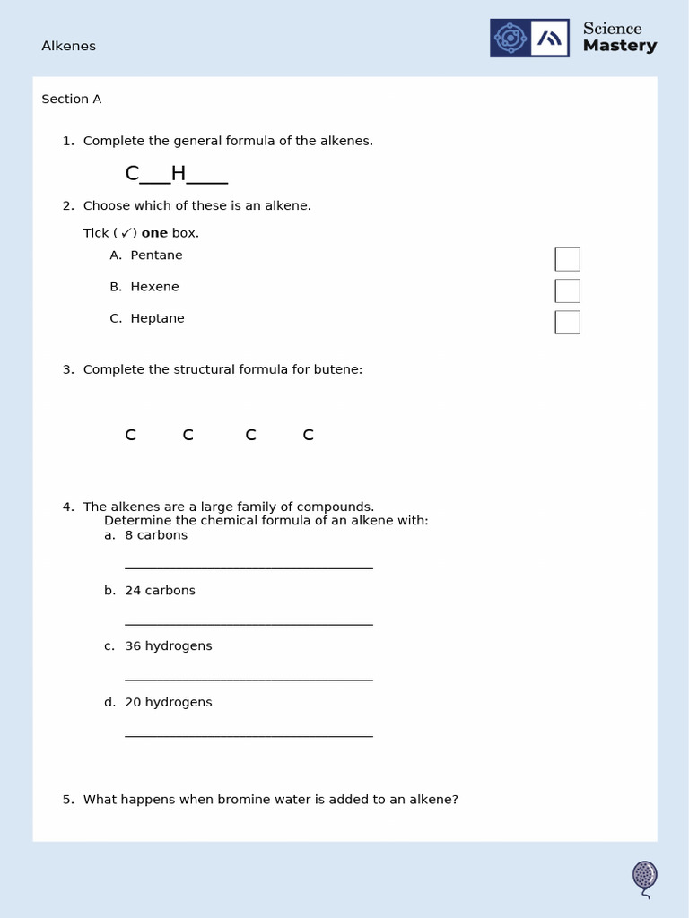 C5.1.6 Taking It Further Alkenes Worksheet 1 | PDF | Alkene | Hydrocarbons