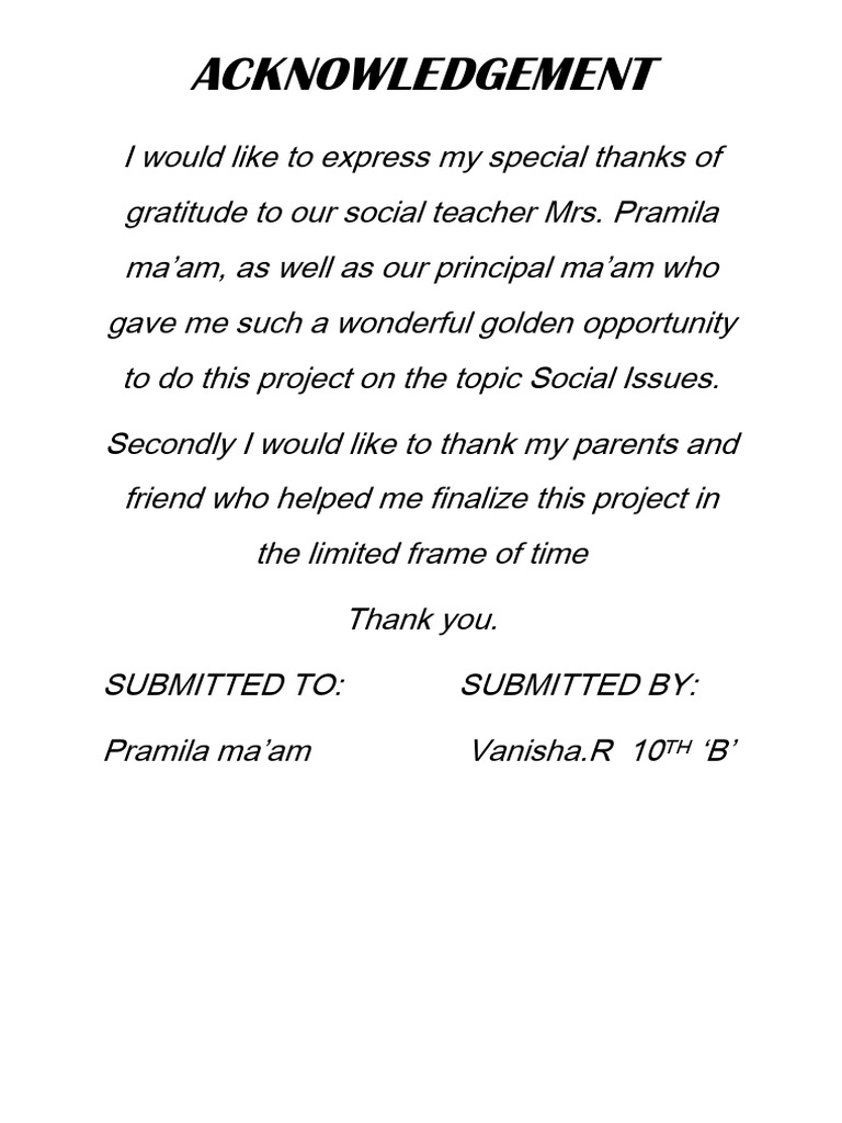 Acknowledgment for Social Issues Project | PDF