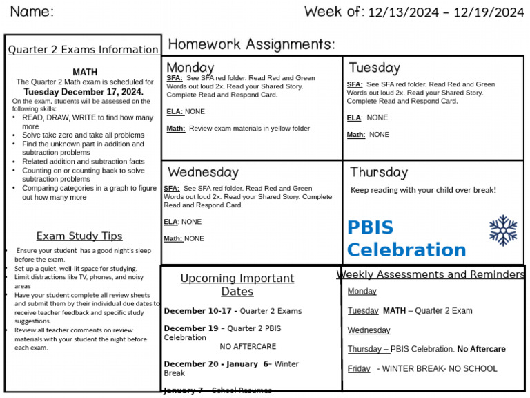 Weekly Assessments Winter Break Info Pdf