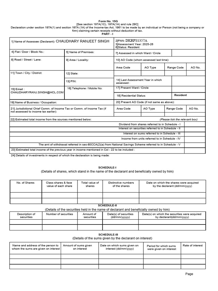 Income Tax Declaration Form 15G | PDF | Income Tax | Taxation