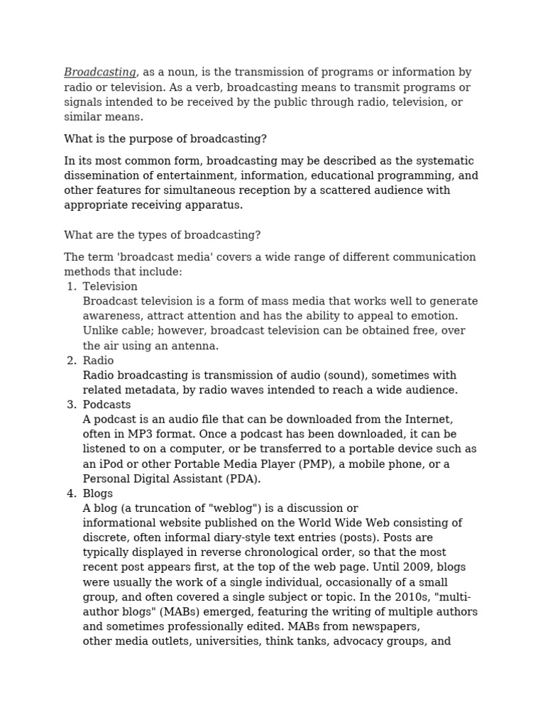 Types and Purpose of Broadcasting | PDF | Broadcasting | Mass Media