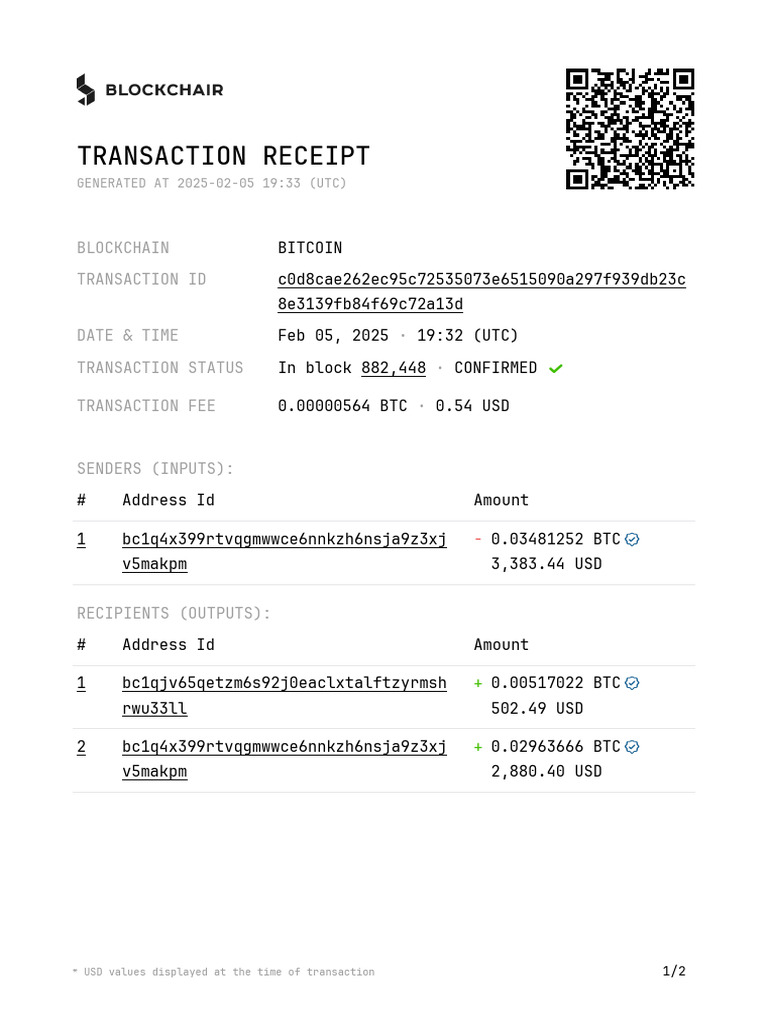 Bitcoin Transaction Receipt | PDF