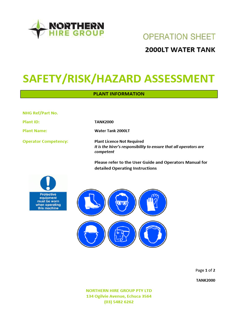 Risk Assessment Water Tank 2000lt | PDF | Risk | Occupational Safety ...