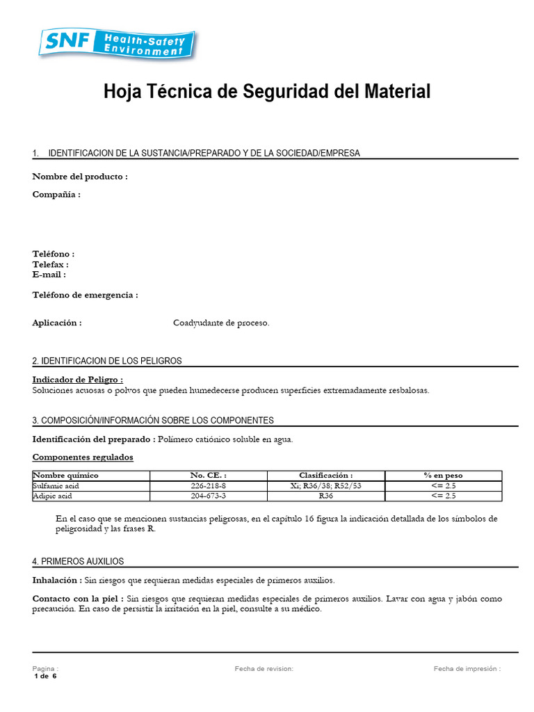 Hoja Técnica de Seguridad Flopam FO 4190 | PDF | Laboratorios | Toxicidad