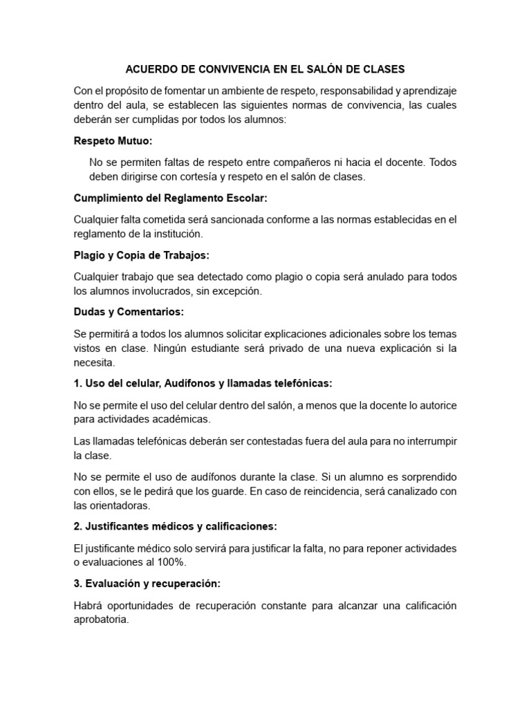 Acuerdo de Convivencia Escolar | PDF | Salón de clases
