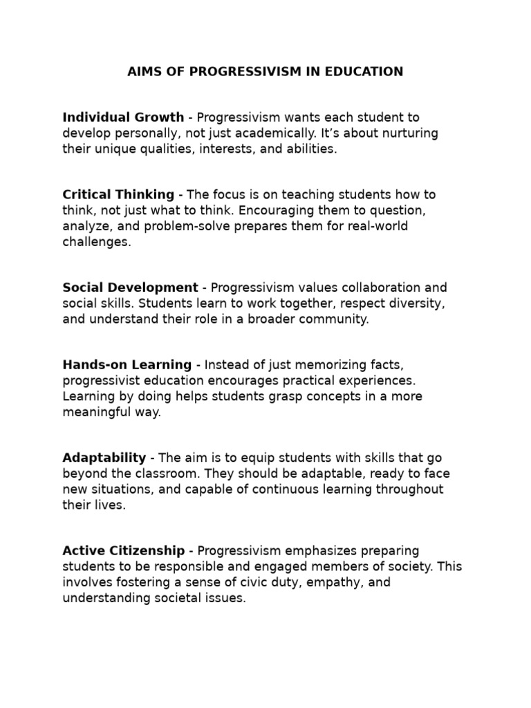 Aims of Progressivism in Education | PDF