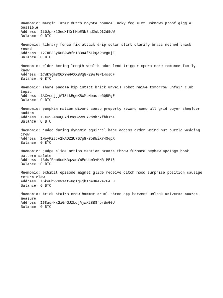 Bitcoin Wallet Mnemonics & Addresses | PDF