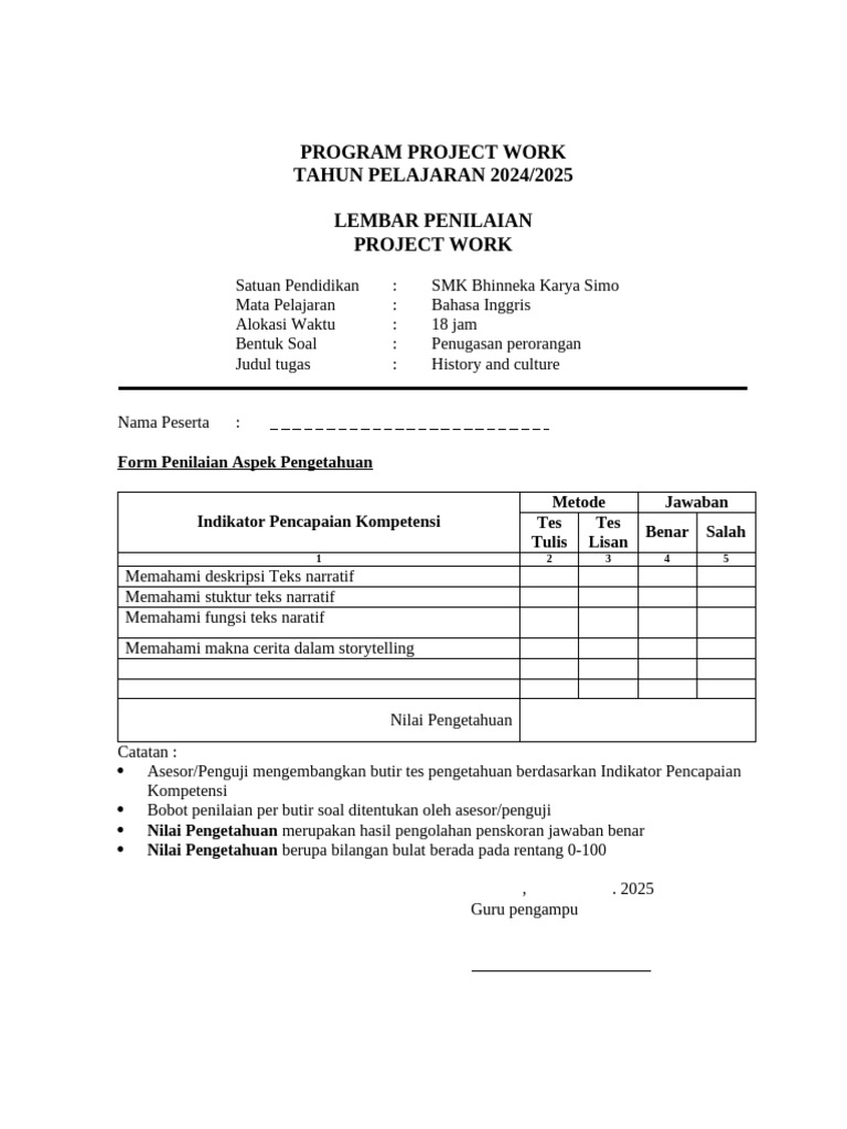 Penilaian Project Work Bahasa Inggris SMK | PDF
