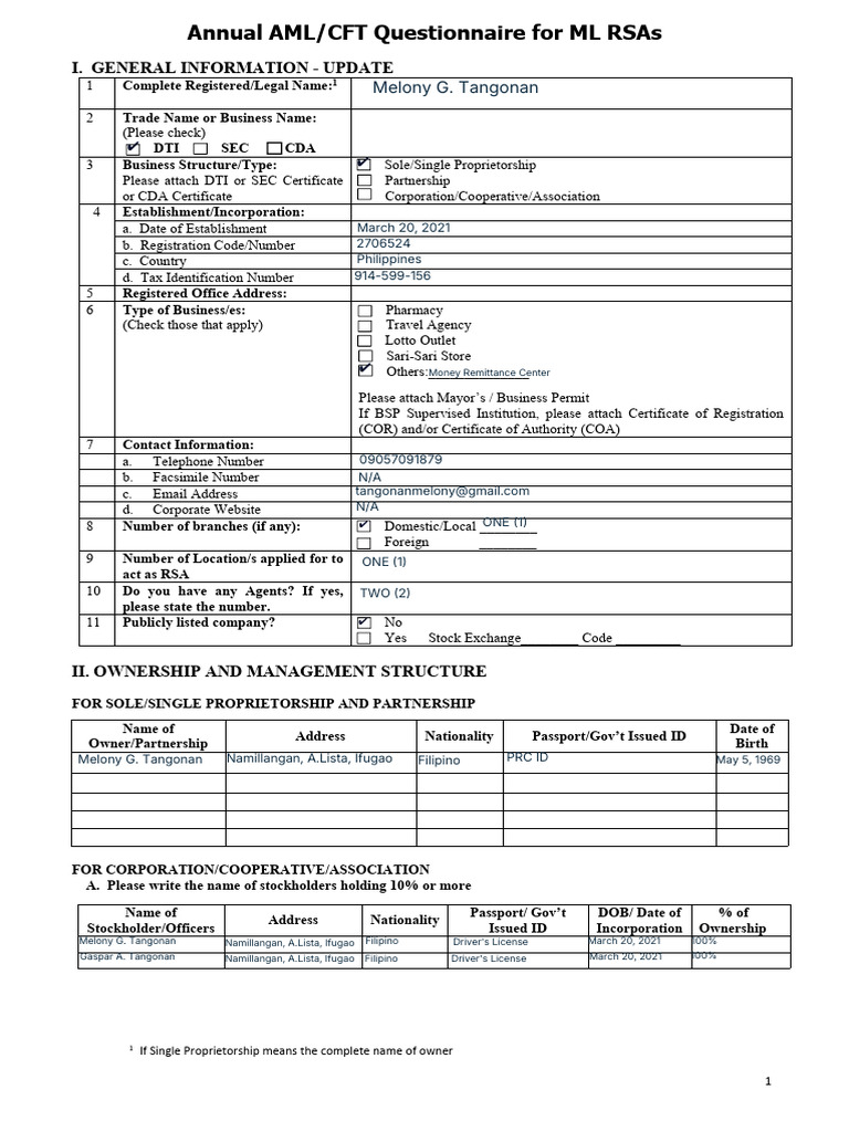 AML/CFT Questionnaire for ML RSAs | PDF | Business