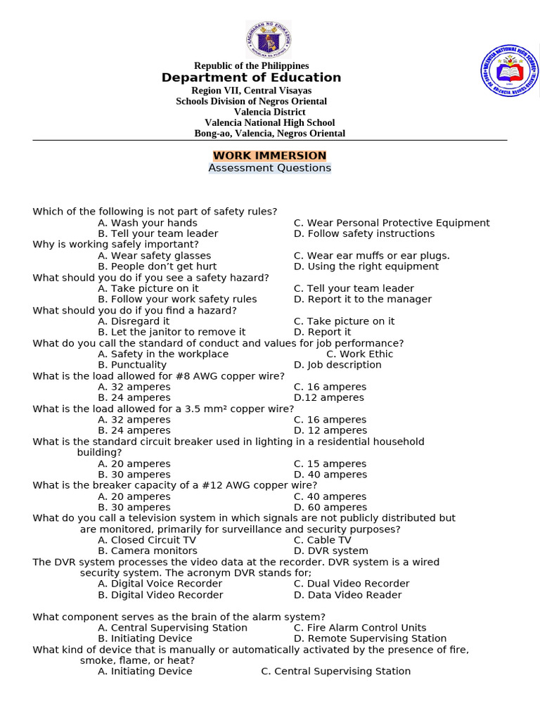 WORK IMMERSION - Assessment Questions | PDF | Closed Circuit Television ...