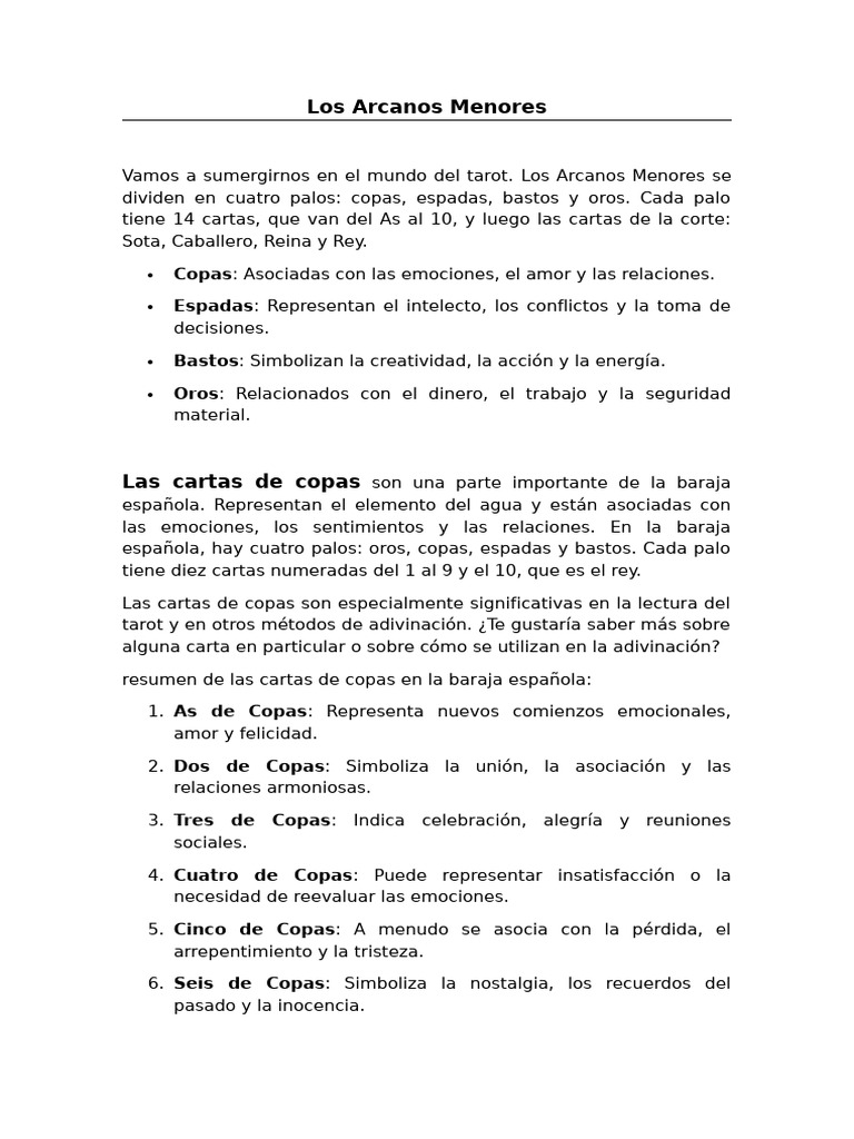 Significado de los Arcanos Menores en Tarot | PDF | Jugando a las ...