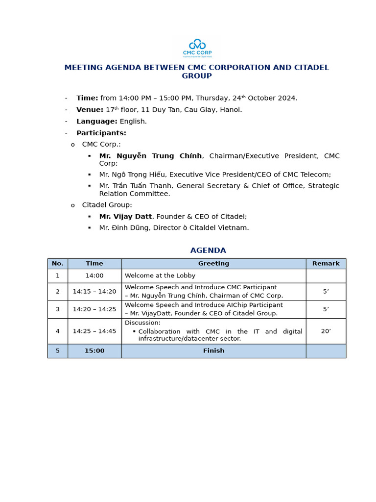CMC Corp and Citadel Group Meeting Agenda | PDF