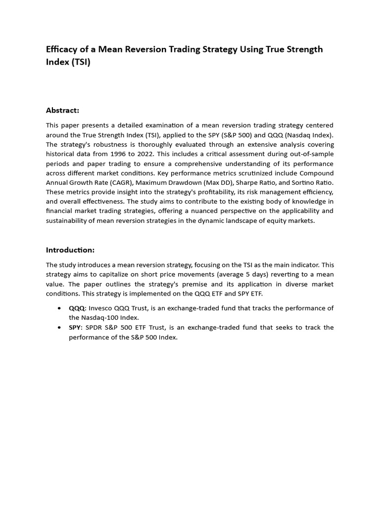 Mean Reversion with True Strength Index | PDF | Investing | Risk