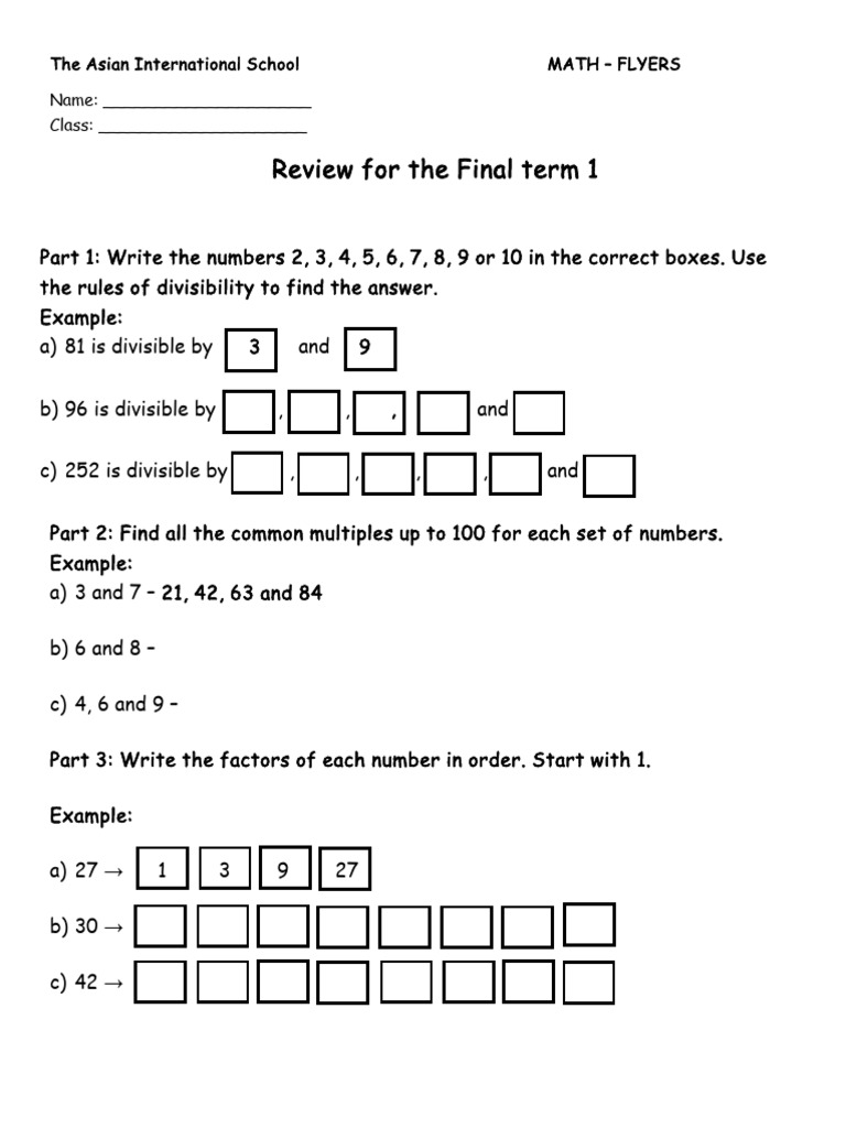 Maths - Flyers - Final Term 1 - Review Handout | PDF