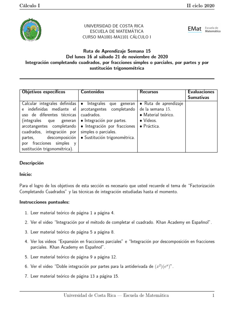 Ruta de Aprendizaje Semana 15 UCR CALCULO 1 | PDF | Integral | Matemáticas