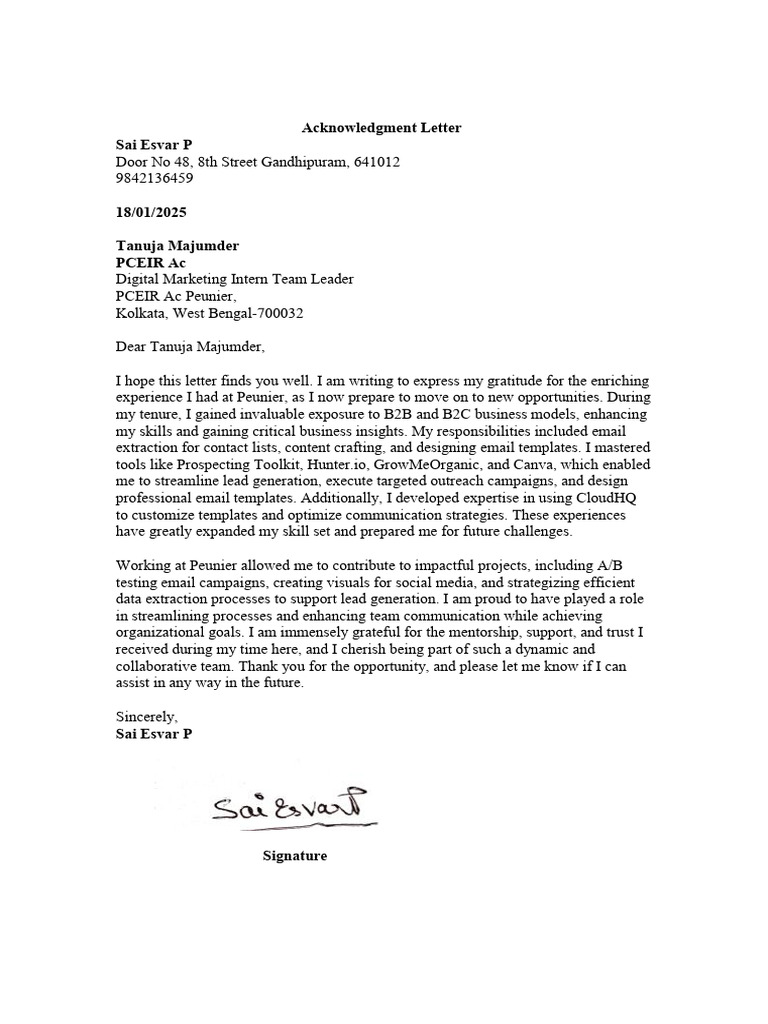 Acknowledgment Letter Sai Esvar P | PDF