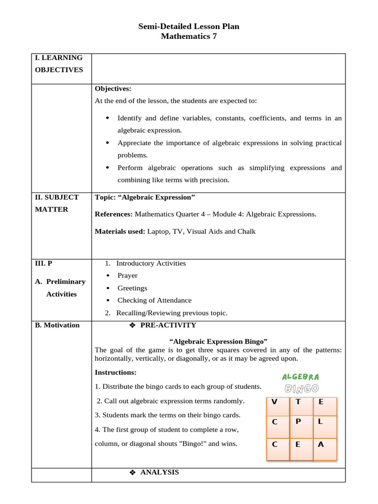 Algebraic Expressions Lesson Plan | PDF | Polynomial | Numbers