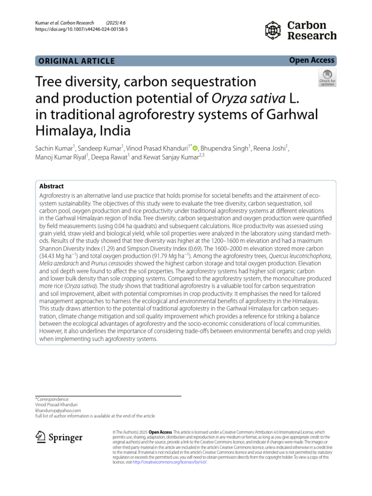 6 Tree Diversity, Carbon Sequestration and Production Potential of ...