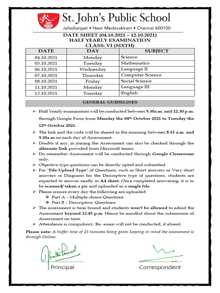 Class VI Half Yearly Exam Schedule | PDF