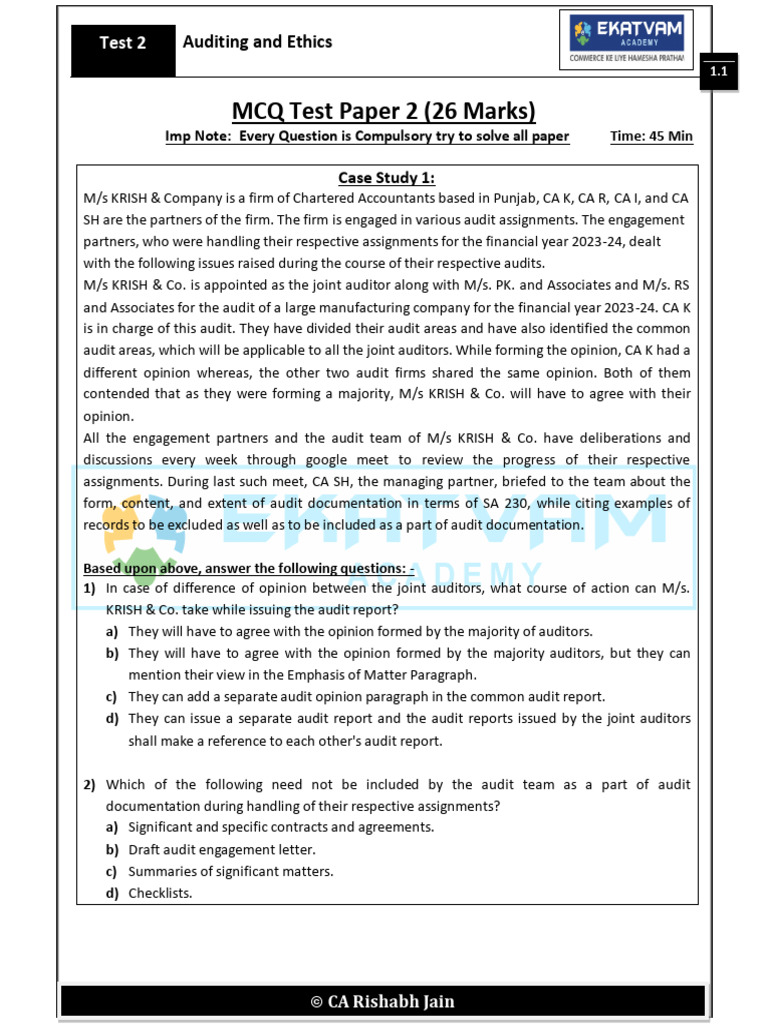 Inter Audit MCQ Test Paper 2 | PDF | Audit | Auditor's Report