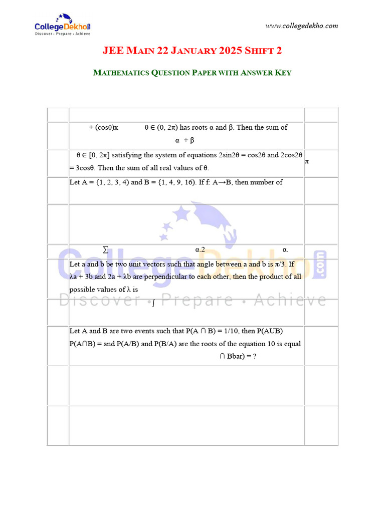 Jee Main 22 Jan 2025 Mathematics Shift 2 Question Paper | PDF ...