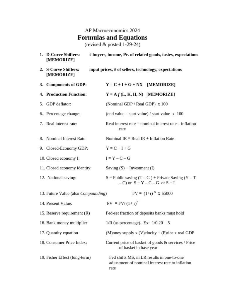 AP Macroeconomics 2024: Key Formulas | PDF | Inflation | Phillips Curve