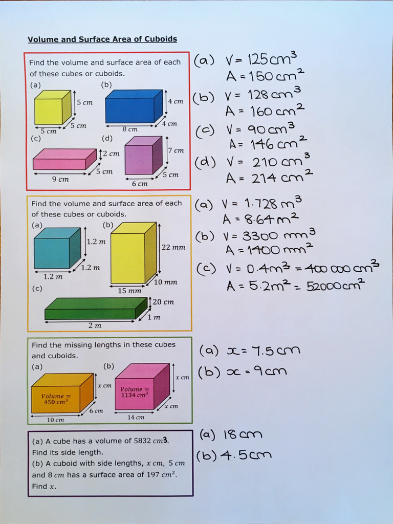 Volume and Surface Area of Cuboids Practice Strips Answers | PDF