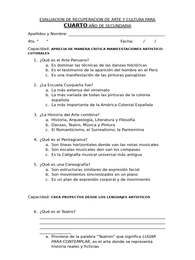 Evaluación de Arte y Cultura en Secundaria | PDF | Teatro | Bailes