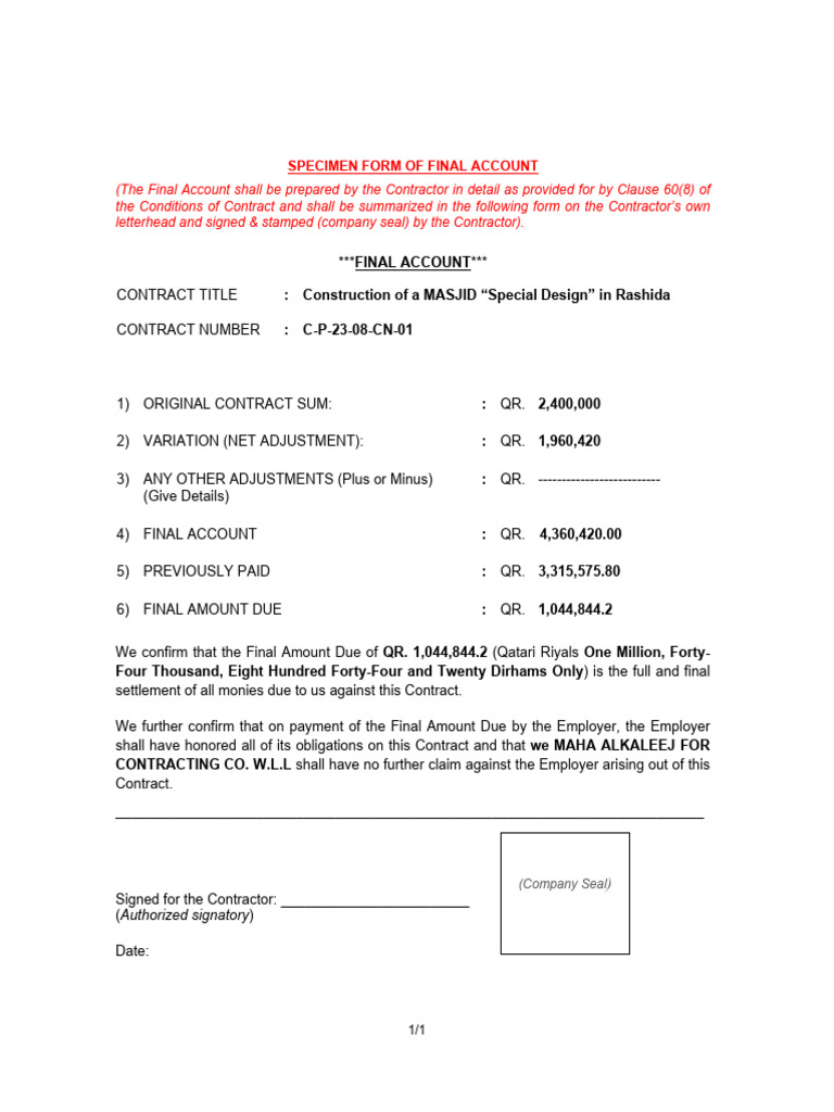 Final Account for Masjid Construction Contract | PDF