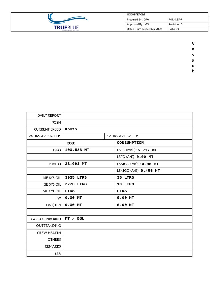 Daily Vessel Noon Report Summary | PDF