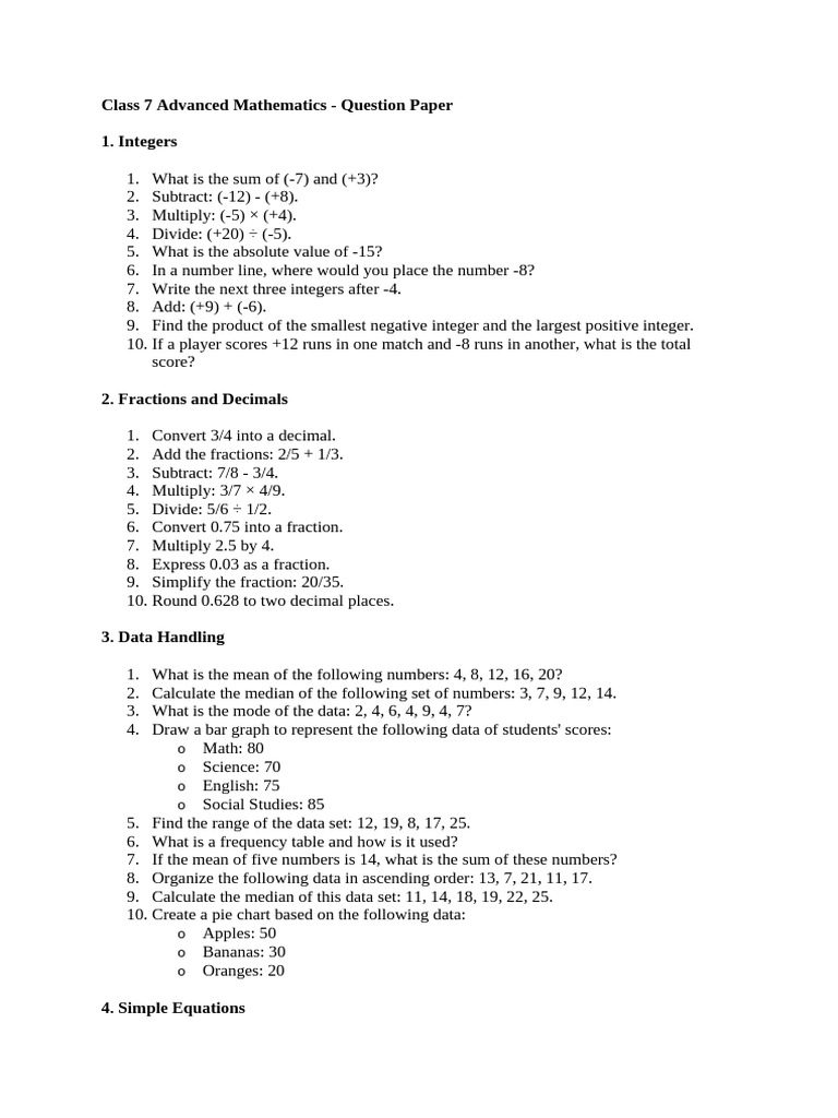 Class 7 Advanced Math Question Paper | PDF